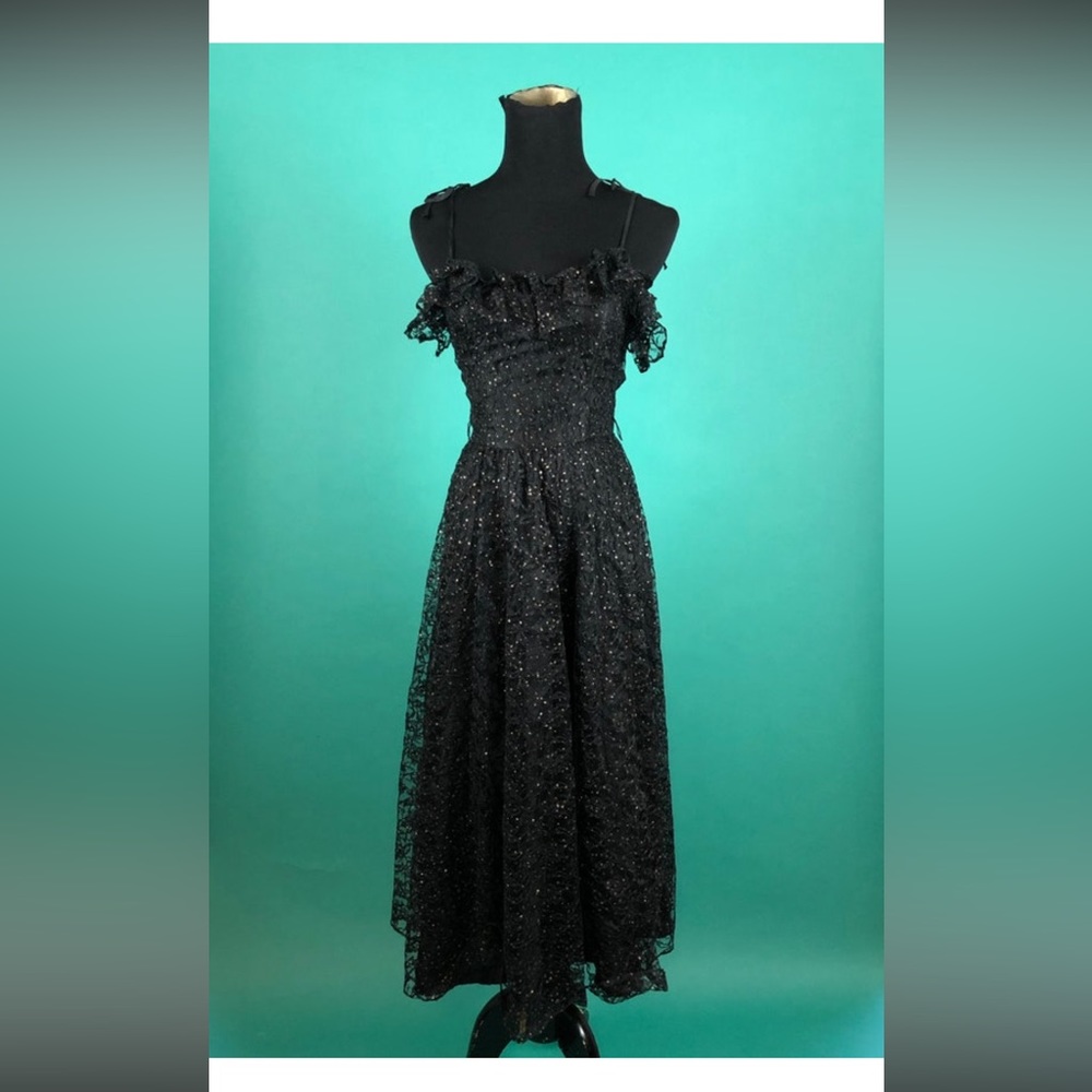 80s Vintage Black Lace and Sparkle Sweetheart Ruffle Spaghetti Tie Midi Dress